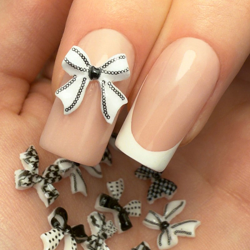 Панделки за нокти бяло черни 3D Molly Nails 3D Bow Nail Decorations 10бр