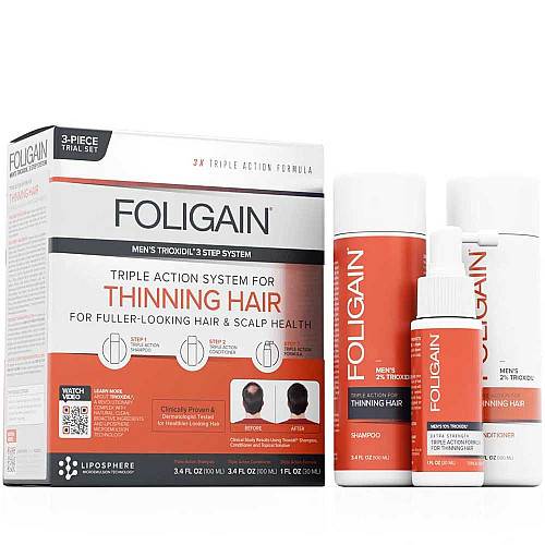 Терапия против косопад за мъже с Триоксидил 10% Foligain Triple Action Hair Care System Mens