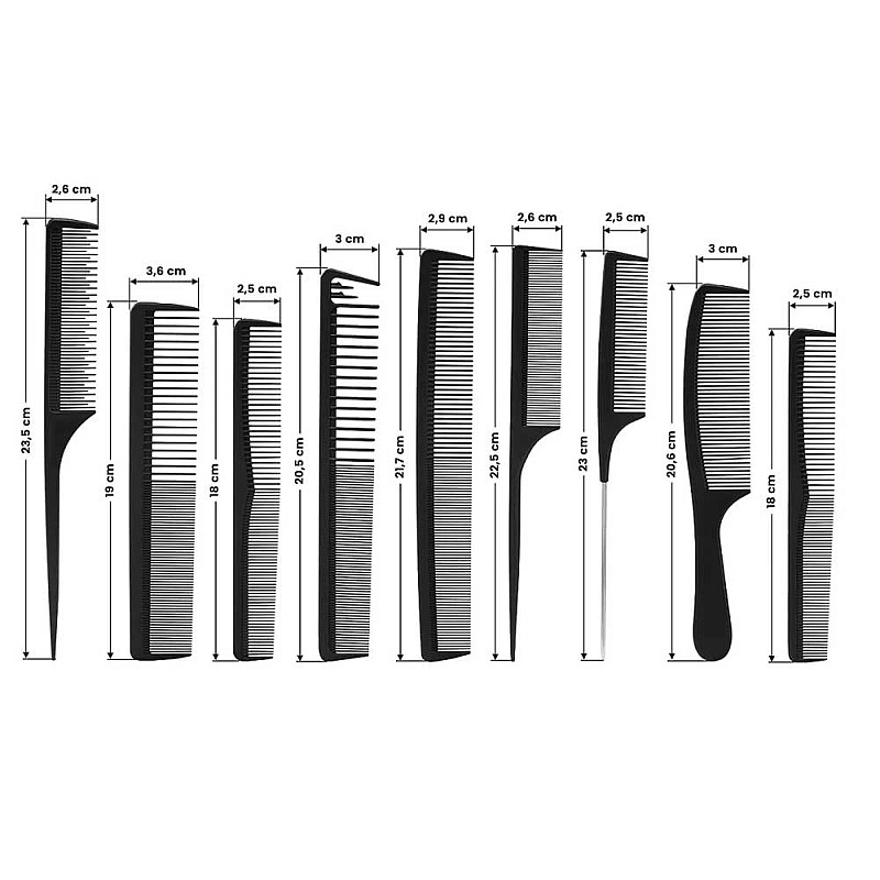 Комплект карбонови антистатични гребени Comb Set Carbon 9pcs