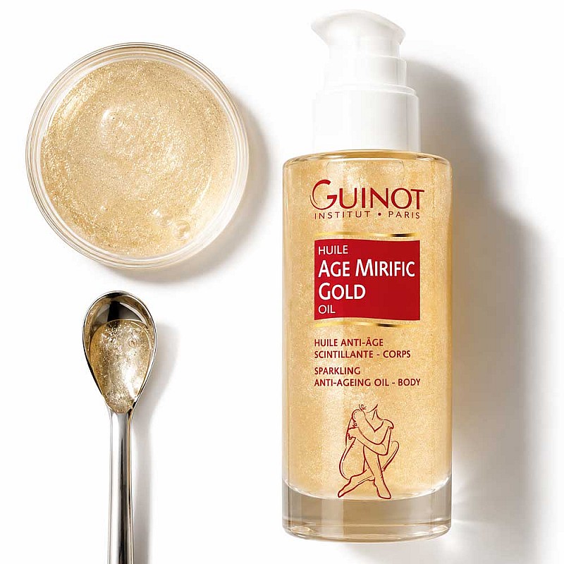 Подхранващо сухо масло за тяло със златни частици Guinot Huile Mirific Anti-Âge Gold 90ml