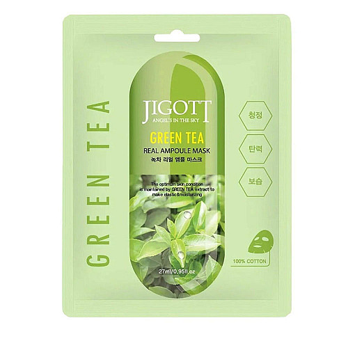 Шийт маска със зелен чай за чувствителна кожа Jigott Green Tea Real Ampoule Mask 27ml