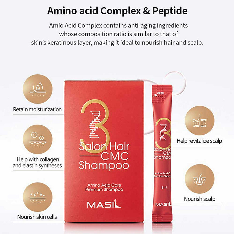 Възстановяващ шампоан с аминокиселини Masil 3 Salon Hair CMC Shampoo 8ml