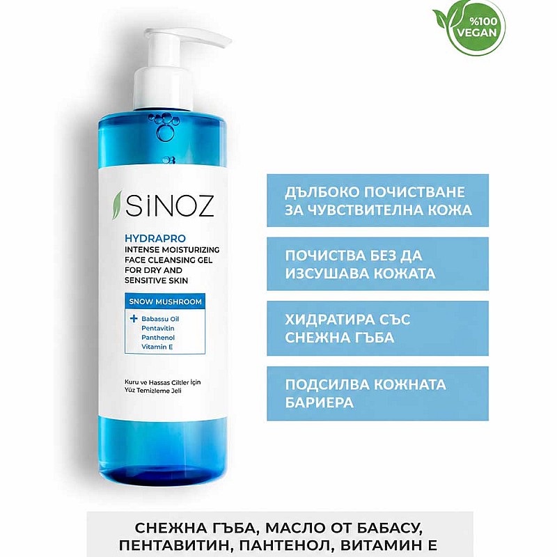 Почистващ гел за суха и чувствителна кожа Sinoz Hydrapro Intense Moisturizing Face Cleansing Gel 400ml