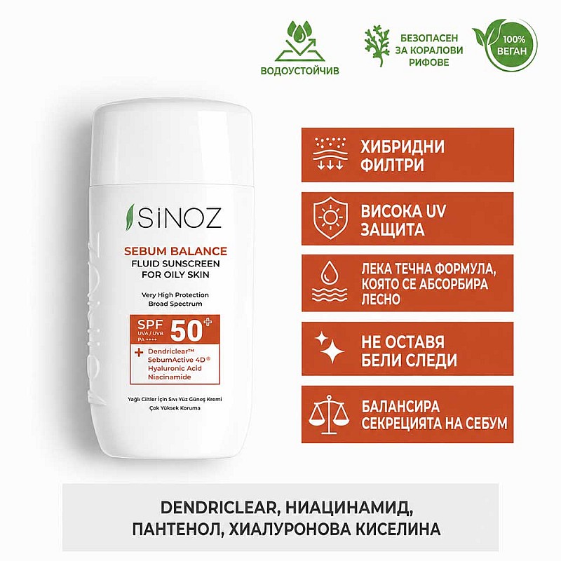 Слънцезащитен флуид SPF50 за мазна кожа Sinoz Sebum Balance Fluid Sunscreen for Oily Skin 50ml